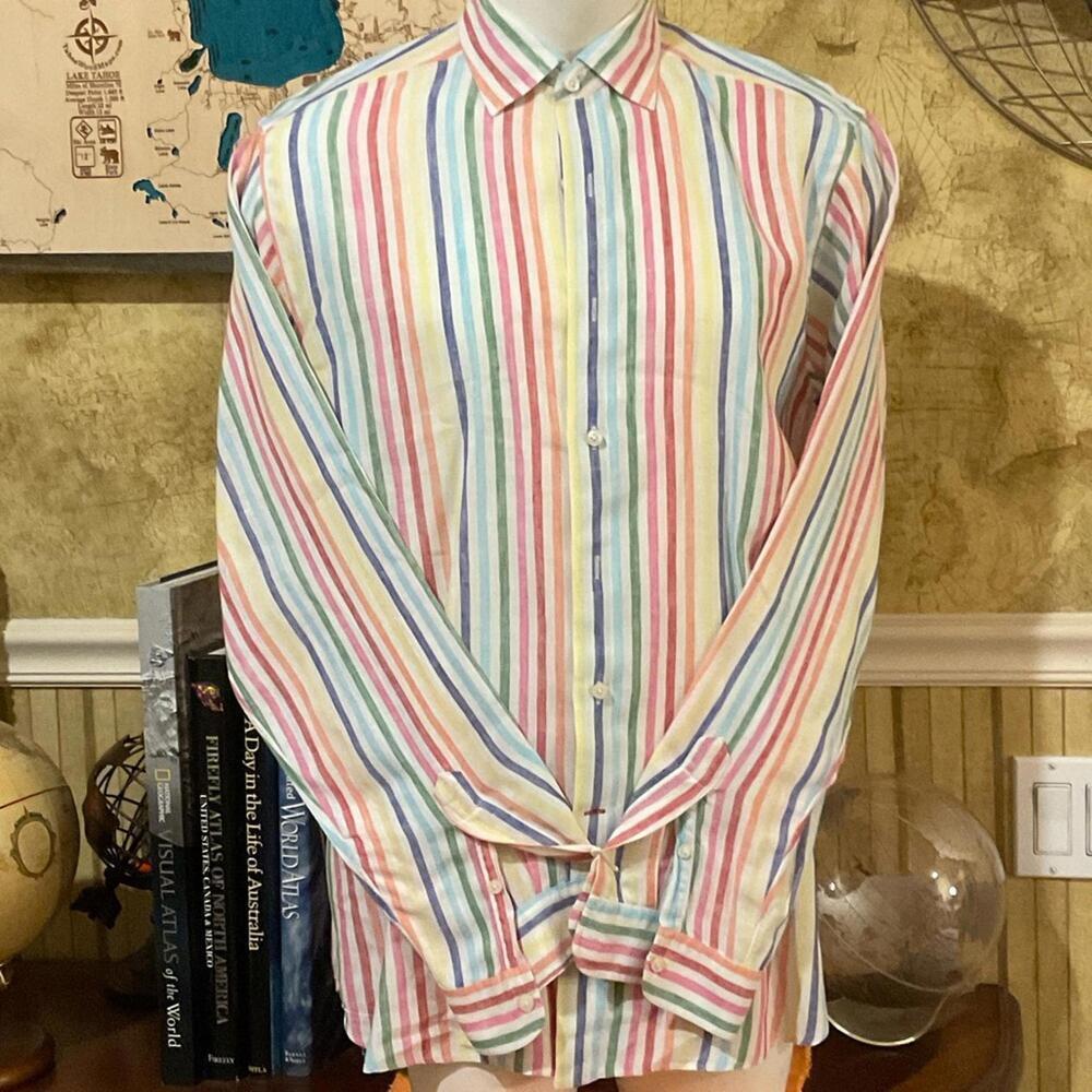 Daniel Cremieux Pastel Multi Striped Linen Button Down Shirt. XL.